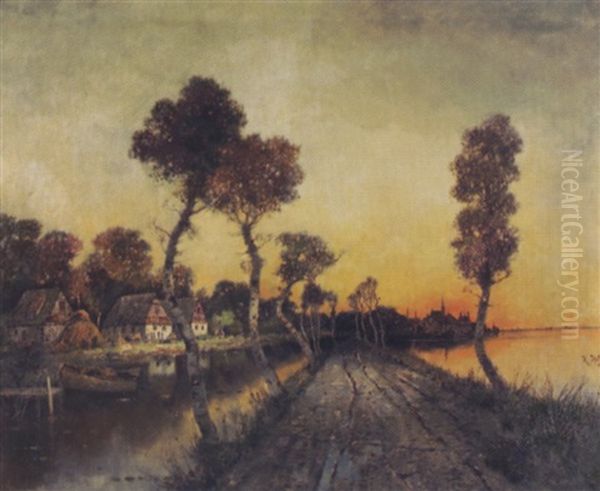 Abendstimmung Mit Fischerdorf Und Birkenallee Oil Painting by Karl Heffner