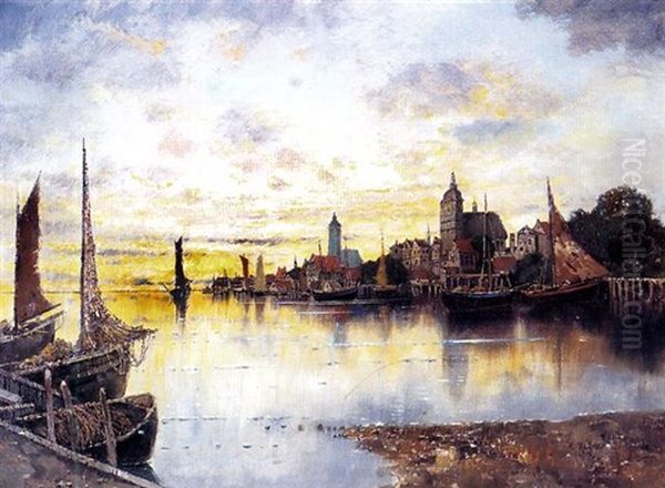 Blick Auf Eine Hafenstadt An Der Ostsee Oil Painting by Karl Heffner