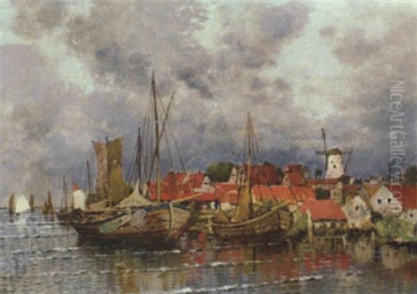 Village Harbour With Windmill Oil Painting by Karl Heffner