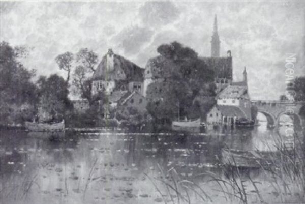 Kleines Dorf Mit Reetgedeckten Hausern An Einem Fluslauf by Karl Heffner