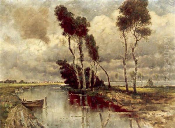 An Extensive River Landscape With A Town Beyond Oil Painting by Karl Heffner