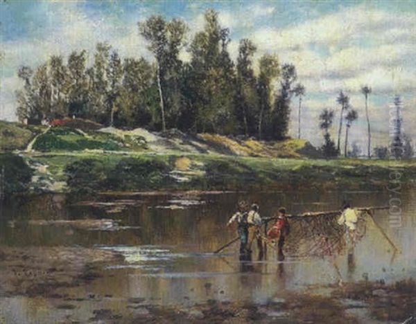 Fischer Mit Netzen Im Seichten Wasser Oil Painting by Karl Heffner