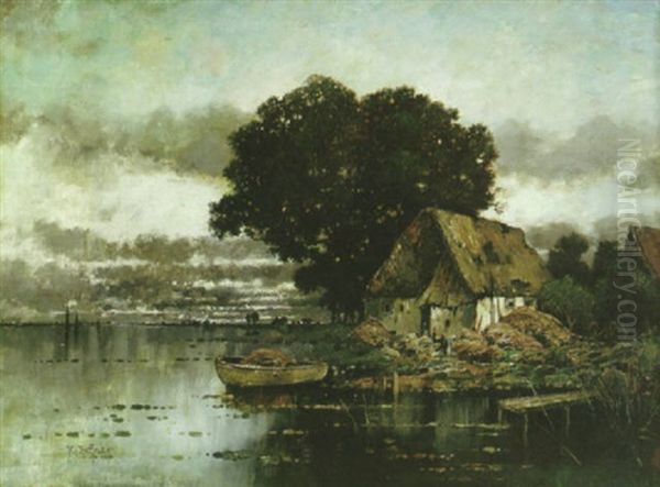 A River Landscape With A Cottage And A Dinghy Moored In The Foreground Oil Painting by Karl Heffner