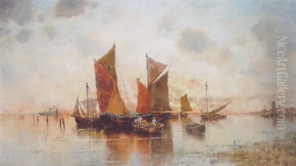 Sailing Boats On An Estuary, A Town Beyond Oil Painting by Karl Heffner