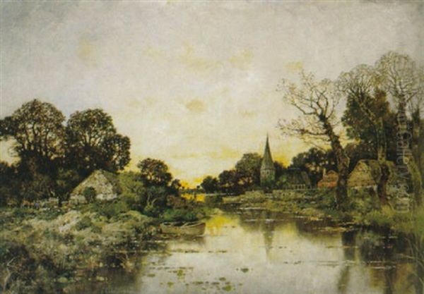 Hollandisches Kirchdorf Im Abendlichen Gegenlicht Mit Kleinem Fluslauf Und Nachen Oil Painting by Karl Heffner