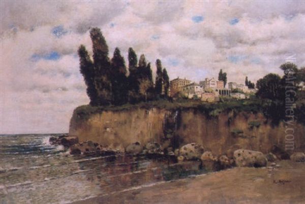 A View Of A Mediterranean Coastal Town Oil Painting by Karl Heffner