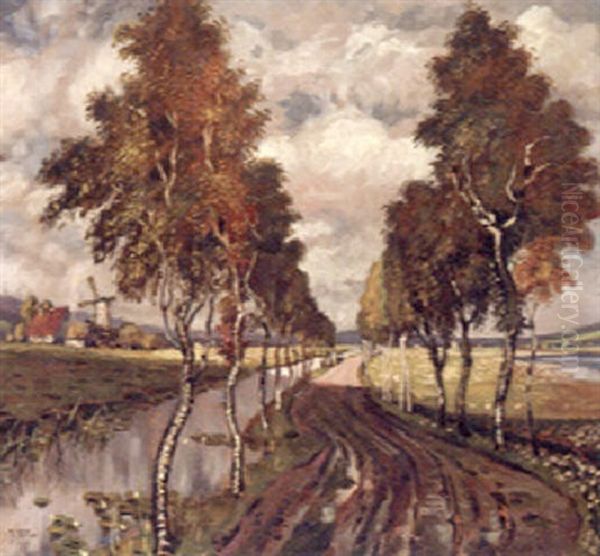 Poplars In A River Landscape Oil Painting by Karl Heffner