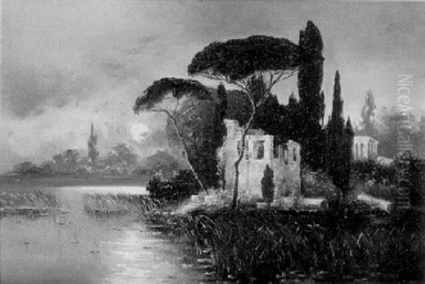 Italienische Uferlandschaft Mit Ruine Im Mondschein Oil Painting by Karl Heffner