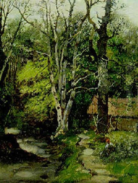 A Wooded Landscape With A Girl Seated By A Stream Oil Painting by Karl Heffner