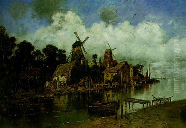 The Estuary By The Windmills Oil Painting by Karl Heffner