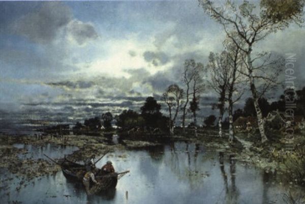 Fishermen Tending Their Nets In A River Landscape Oil Painting by Karl Heffner