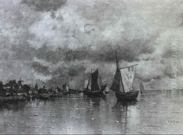 Fischerboote Vor Dem Hollandischen Hafenstadtchen Oil Painting by Karl Heffner