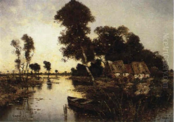 Cottages In Marshes At Sunset Oil Painting by Karl Heffner