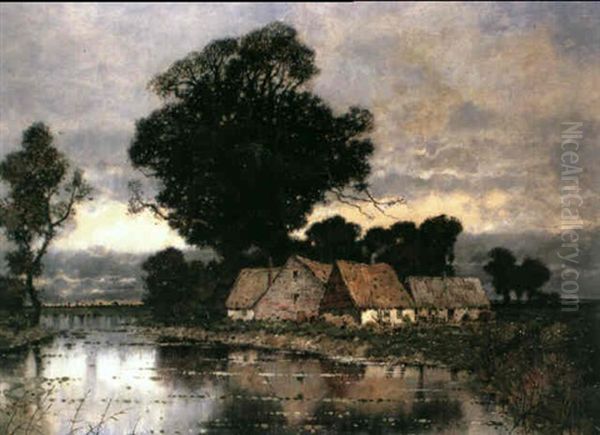 Cottages Beside A River At Sunset Oil Painting by Karl Heffner