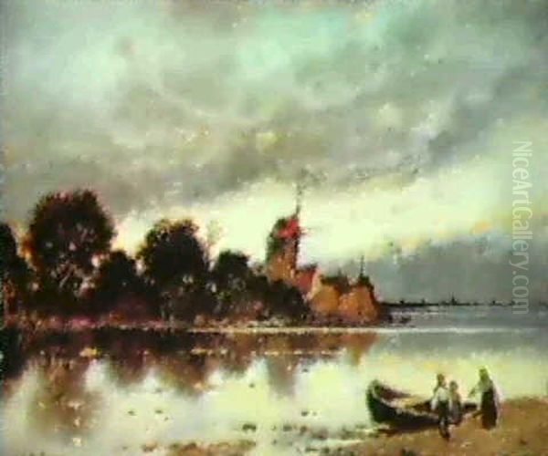 An Evening River Scene Oil Painting by Karl Heffner