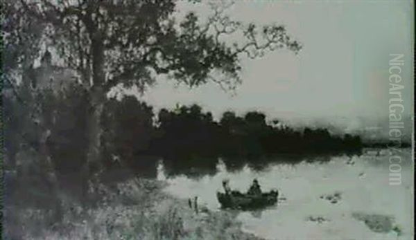 Figures In A Rowing Boat In An Extensive River Landscape Oil Painting by Karl Heffner