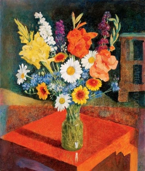 Viragcsendelet Piros Asztalon (still Life Of Flowers On A Red Table) Oil Painting by Endre Hegedues