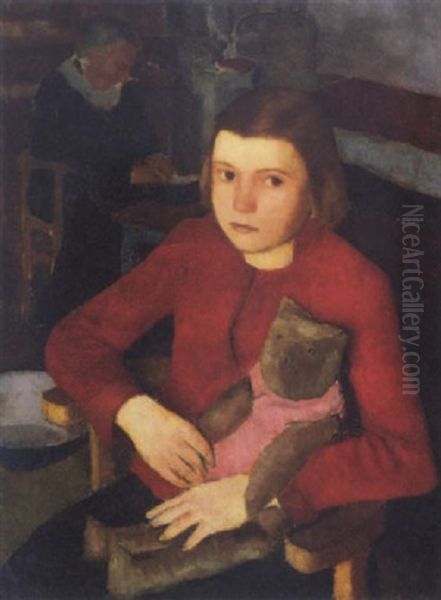 Kislany Mackoval (girl With A Teddy Bear) Oil Painting by Endre Hegedues