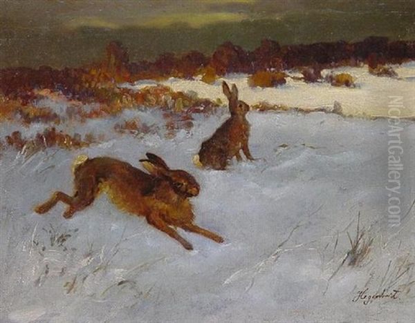 Zwei Hasen Auf Einer Verschneiten Heide Oil Painting by Emanuel Hegenbarth