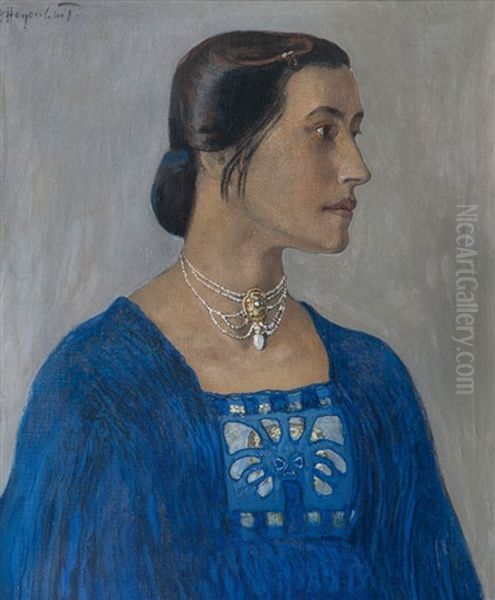 Portrait Einer Dame In Blau Oil Painting by Fritz Hegenbarth