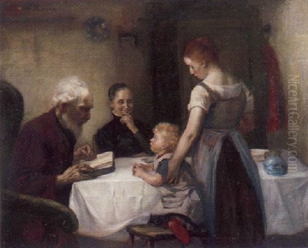 Grosvater Liest Vor, Wahrend Enkel, Mutter Und Grosmutter Um Den Tisch Versammelt Sind Oil Painting by Otto Heichert