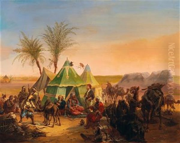 A Bedouin Encampment Oil Painting by Joseph Heicke