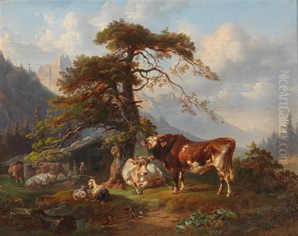 On The Alpine Pasture Oil Painting by Joseph Heicke