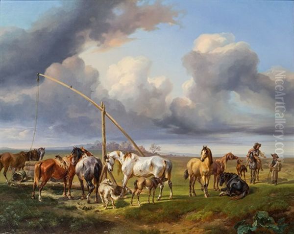 Pferdetranke In Ungarischer Pusztalandschaft Oil Painting by Joseph Heicke