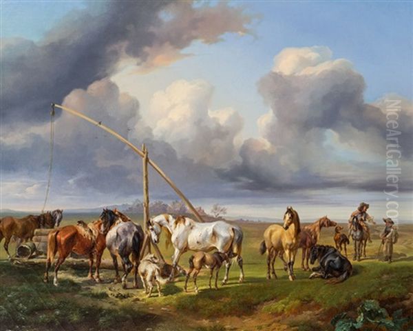 Pferdetranke In Ungarischer Pusztalandschaft Oil Painting by Joseph Heicke