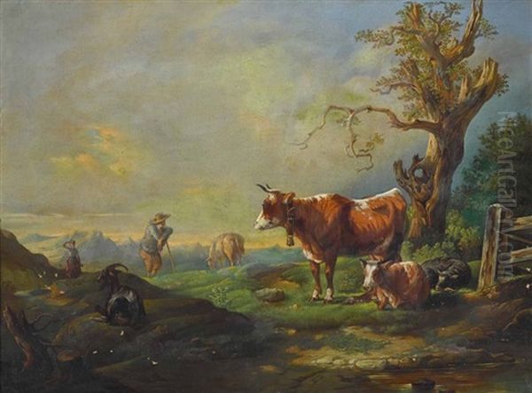 Hirte Mit Vieh Auf Der Weide Oil Painting by Joseph Heicke