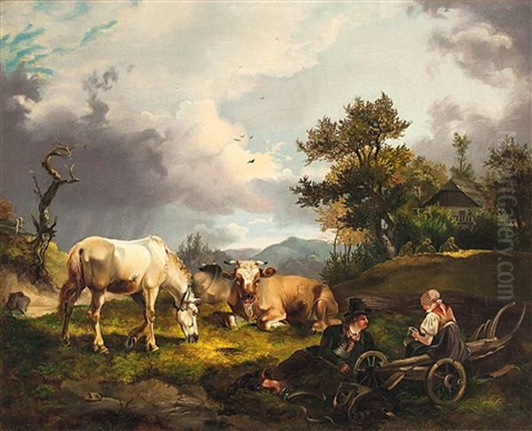 Bauernpaar Bei Der Rast Mit Pferd Und Kuhen Auf Der Bergweide Oil Painting by Joseph Heicke