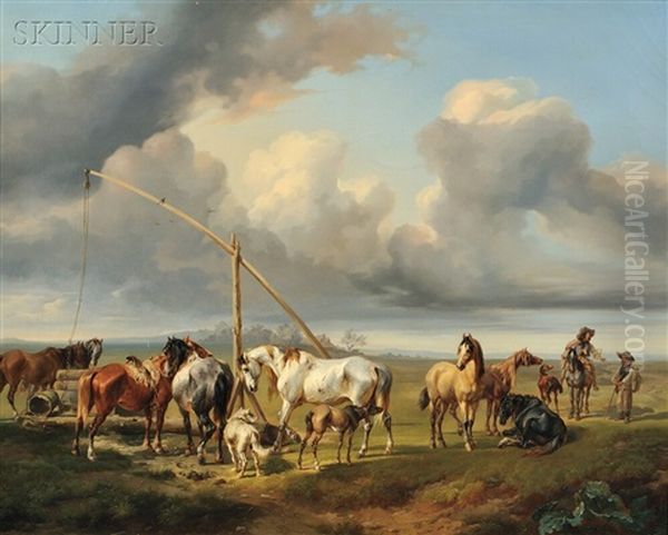 Horses Watering Oil Painting by Joseph Heicke