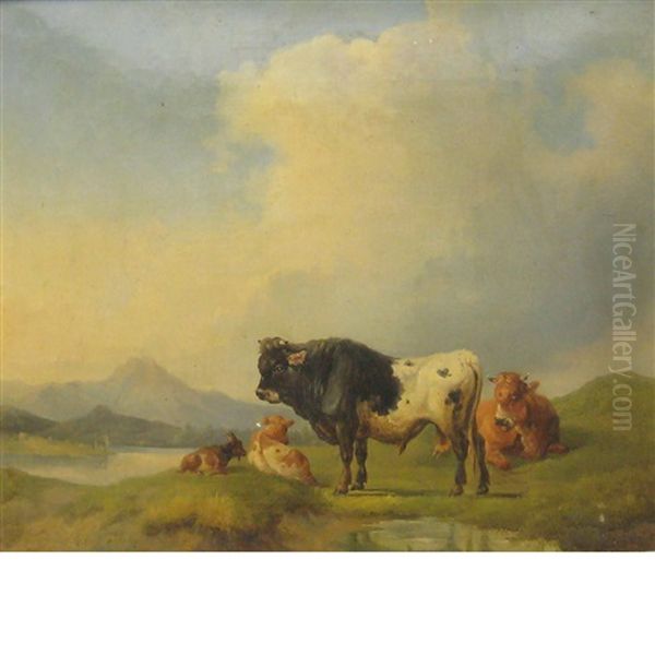 Cows In A Meadow, A Lake In The Distance Oil Painting by Joseph Heicke