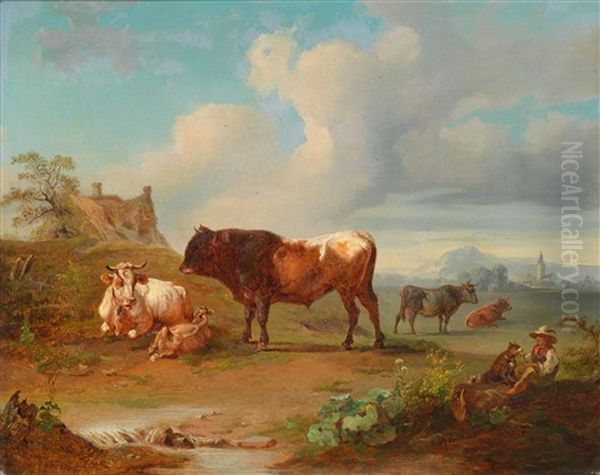 Weideszene Mit Einem Stier Und Einem Hutejungen Oil Painting by Joseph Heicke