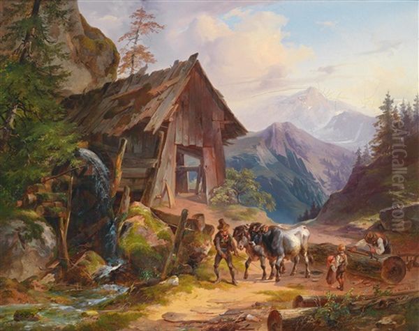 Viehtrieb Vor Einer Alten Muhle Oil Painting by Joseph Heicke