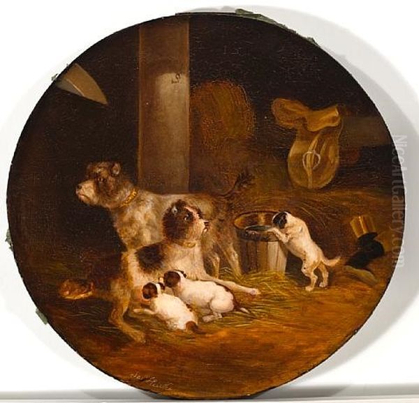 Wirehaired Fox Terrier Family In The Stable Oil Painting by Joseph Heicke