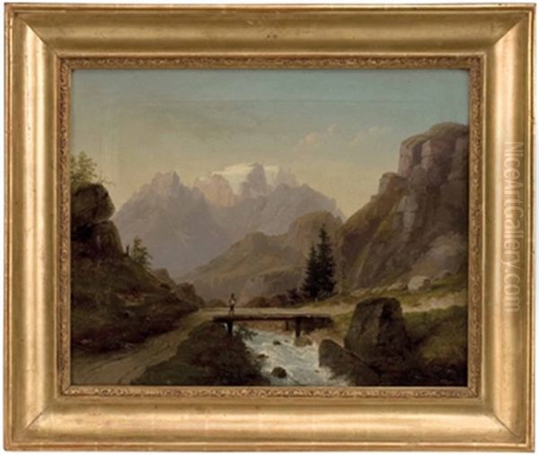 Ein Wanderer In Sudtiroler Gebirgslandschaft Oil Painting by Joseph Heicke