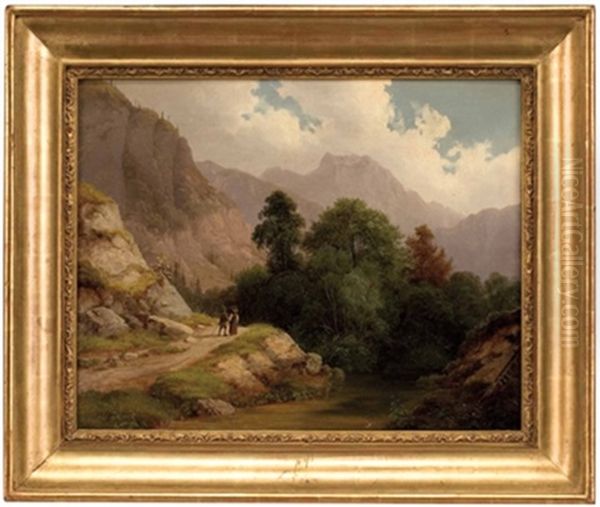 Zwei Wanderer In Sudtiroler Gebirgslandschaft Oil Painting by Joseph Heicke