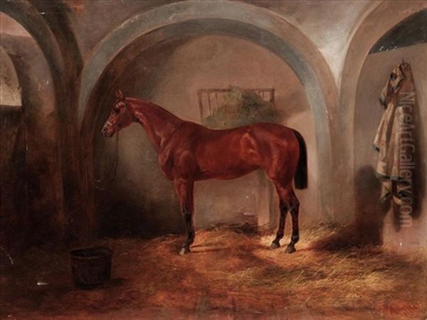 A Bay Hunter In A Stable Oil Painting by Joseph Heicke