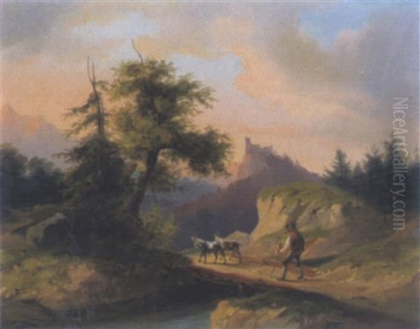 Hirte Mit Ziegen Am Heimweg Oil Painting by Joseph Heicke