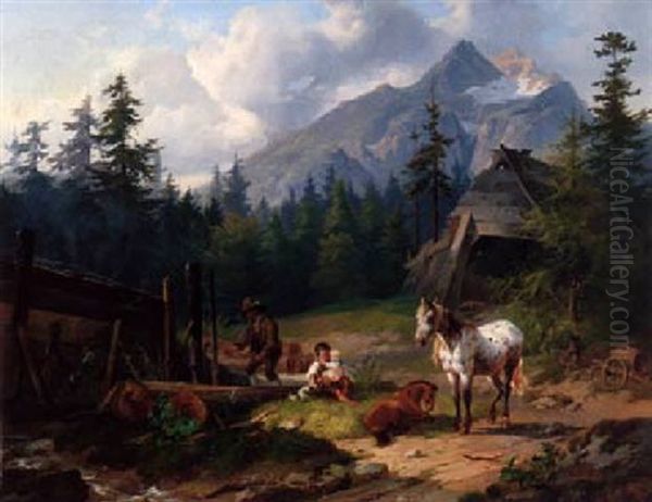 An Austrian Family In An Alpine Landscape Oil Painting by Joseph Heicke