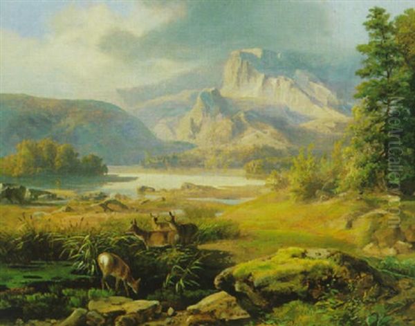 Rehwild Am Flusufer Oil Painting by Joseph Heicke