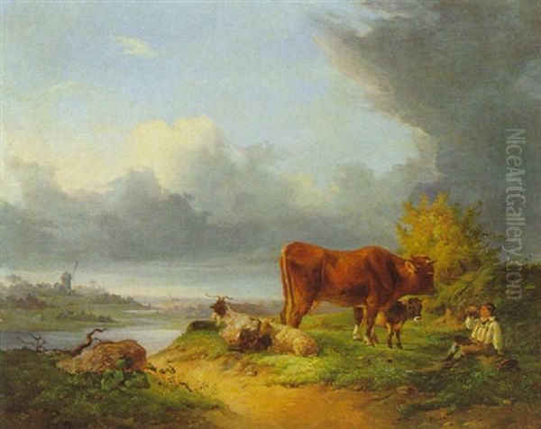 Herde Mit Ihrem Hirten Auf Der Weide Oil Painting by Joseph Heicke