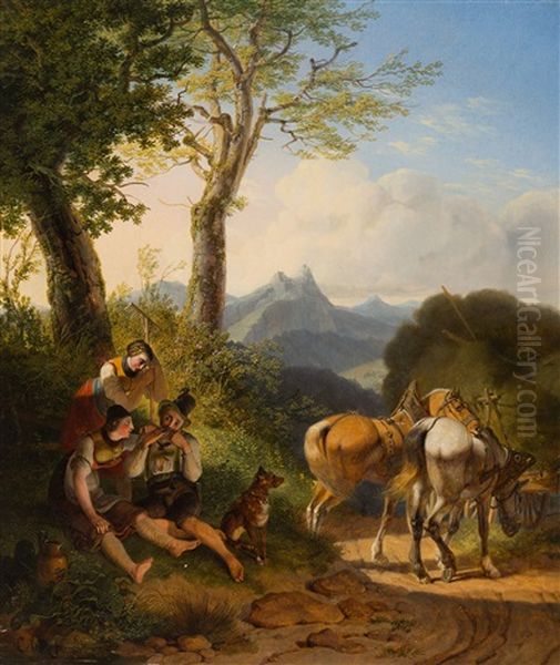 Rast Bei Der Ernte Im Salzkammergut Oil Painting by Karl Wilhelm Von Heideck