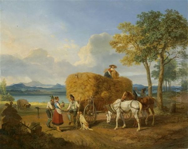 Nach Der Ernte. Oberbayerische Landschaft Mit See Oil Painting by Karl Wilhelm Von Heideck