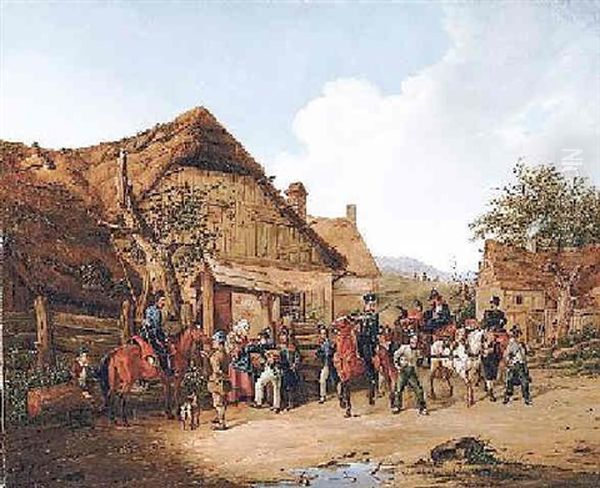 Soldaten Im Dorf. Russische Und Polnische Kavallerie Durchziehen Ein Dorf Oil Painting by Karl Wilhelm Von Heideck