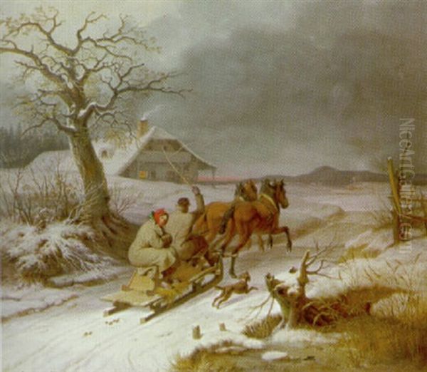 Fahrt Im Pferdeschlitten Durch Winterlandschaft Bei Abenddammerung Oil Painting by Karl Wilhelm Von Heideck