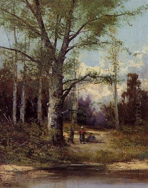 Birkenwald Mit Reisigsammlern, Fruhlingsabend Oil Painting by Fritz Von Heider