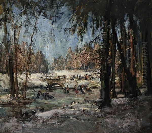 Schlittschuhlaufer Im Englischen Garten Oil Painting by Hans Heider