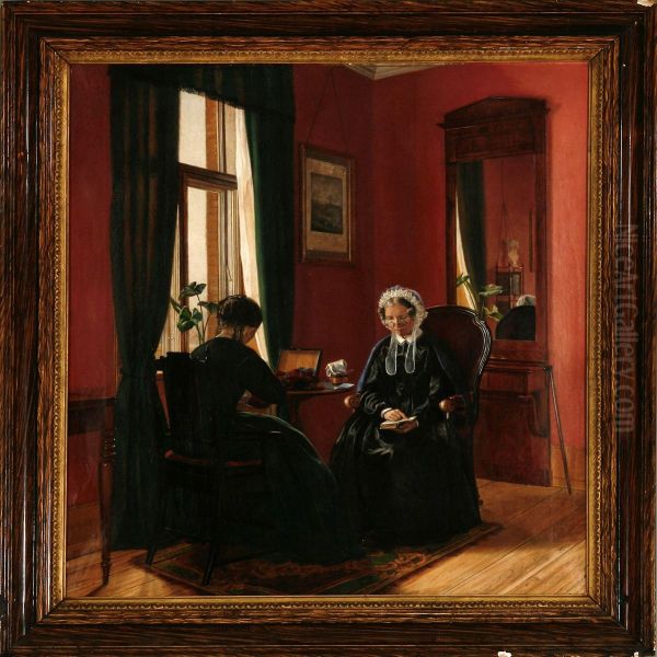 Interior With The Artist's Mother Marie Bang Reading And The Artist's Sister Ulrikke Bang Sewing Oil Painting by Vilhelmine Maria Bang